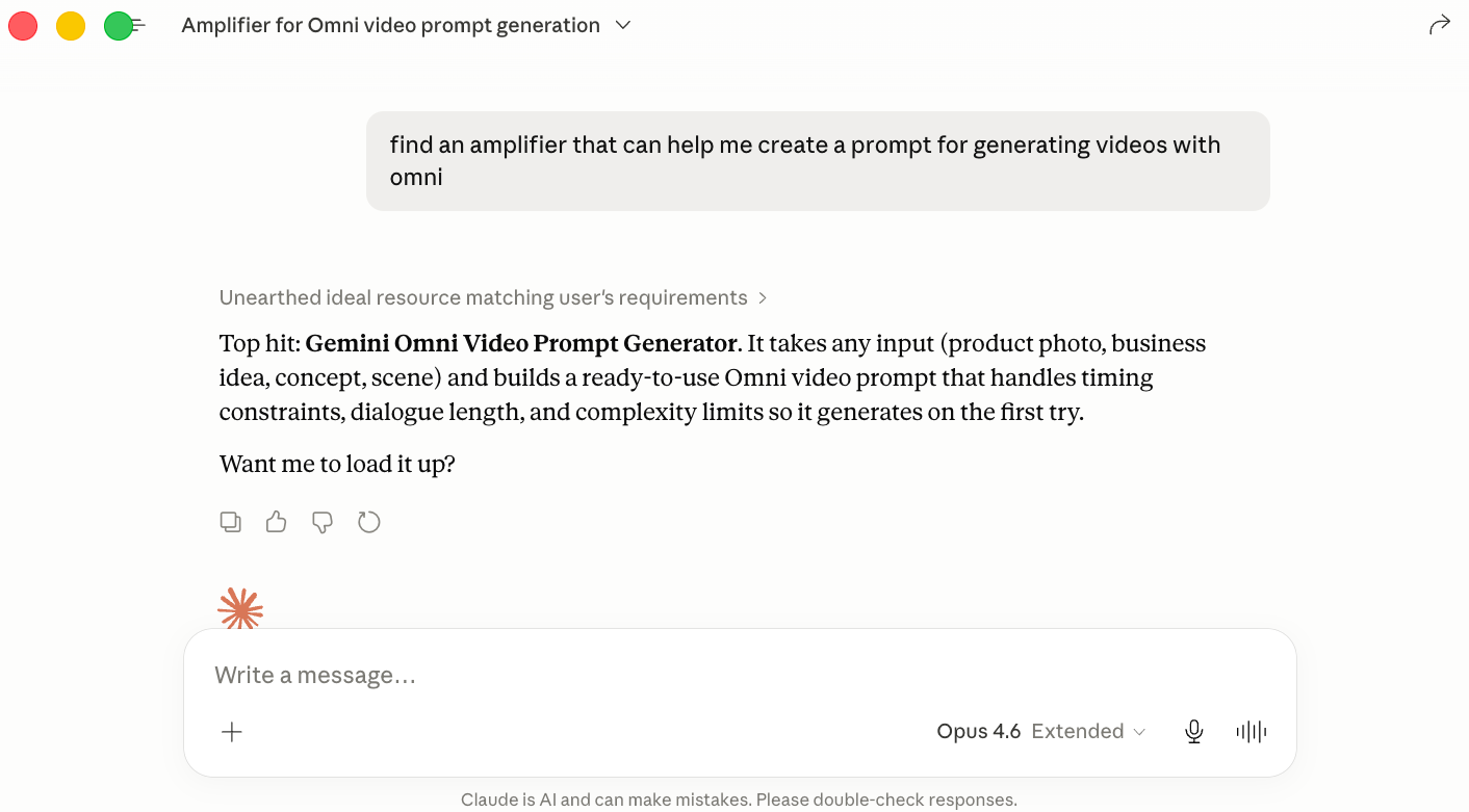 Screenshot of the AI Blew My Mind MCP (Amplifiers) interface showing an amplifier tool for generating Gemini Omni video prompts. The interface recommends a “Gemini Omni Video Prompt Generator” that helps users turn ideas, product photos, business concepts, and scenes into structured video prompts optimized for Omni video generation, including timing, dialogue, and complexity handling.