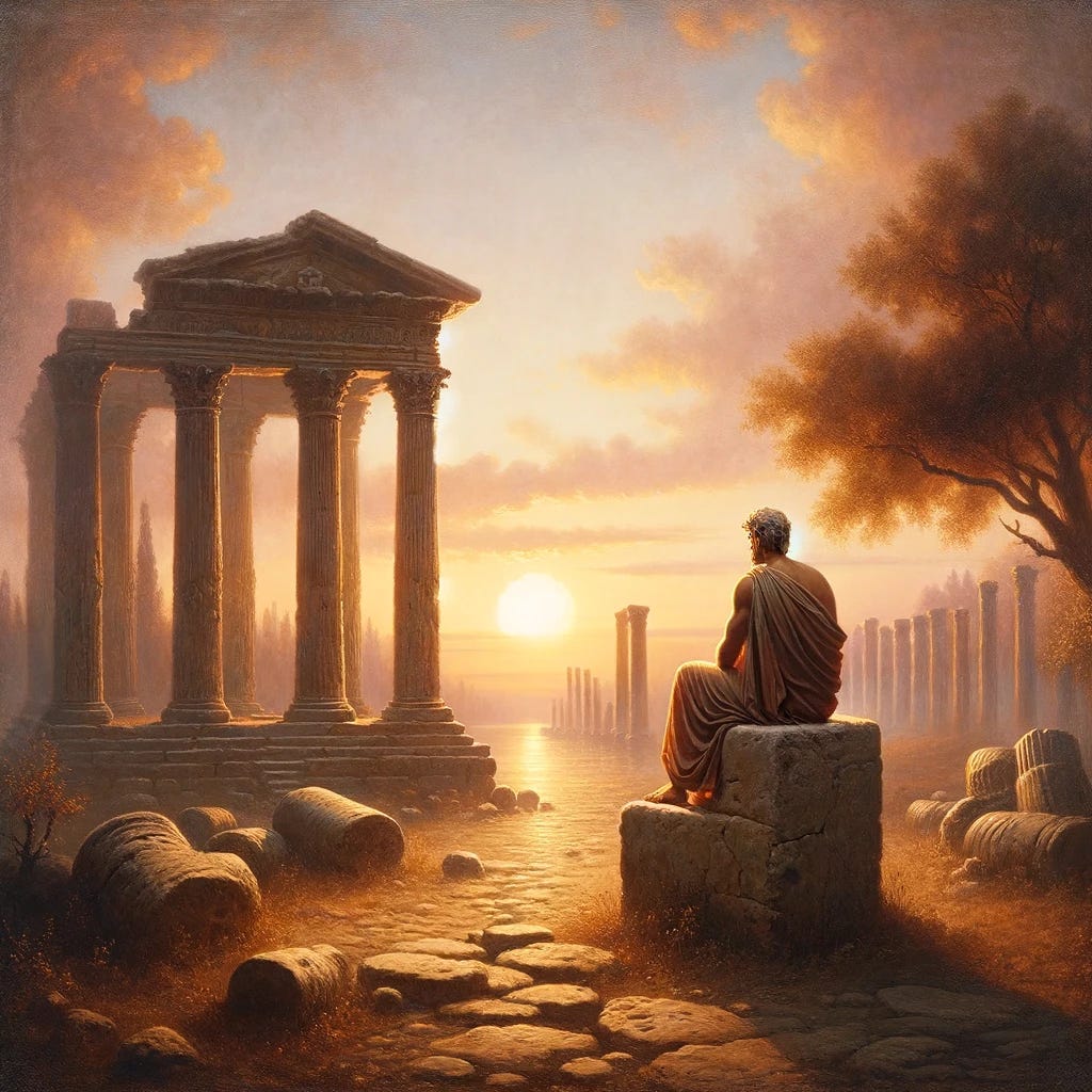 A tranquil and contemplative scene in the style of Hubert Robert, featuring an ancient landscape with classical ruins. In the foreground, a philosopher dressed in a simple tunic sits on a worn stone block, gazing towards a horizon where the sun sets behind broken columns and ancient trees. The sky is in warm shades of orange and pink, suggesting a reflective sunset. The atmosphere is serene yet evocative, symbolizing the quest for wisdom and the beauty in embracing impermanence and adversity. A tranquil and contemplative scene in the style of Hubert Robert, featuring an ancient landscape with classical ruins. In the foreground, a philosopher dressed in a simple tunic sits on a worn stone block, gazing towards a horizon where the sun sets behind broken columns and ancient trees. The sky is in warm shades of orange and pink, suggesting a reflective sunset. The atmosphere is serene yet evocative, symbolizing the quest for wisdom and the beauty in embracing impermanence and adversity.