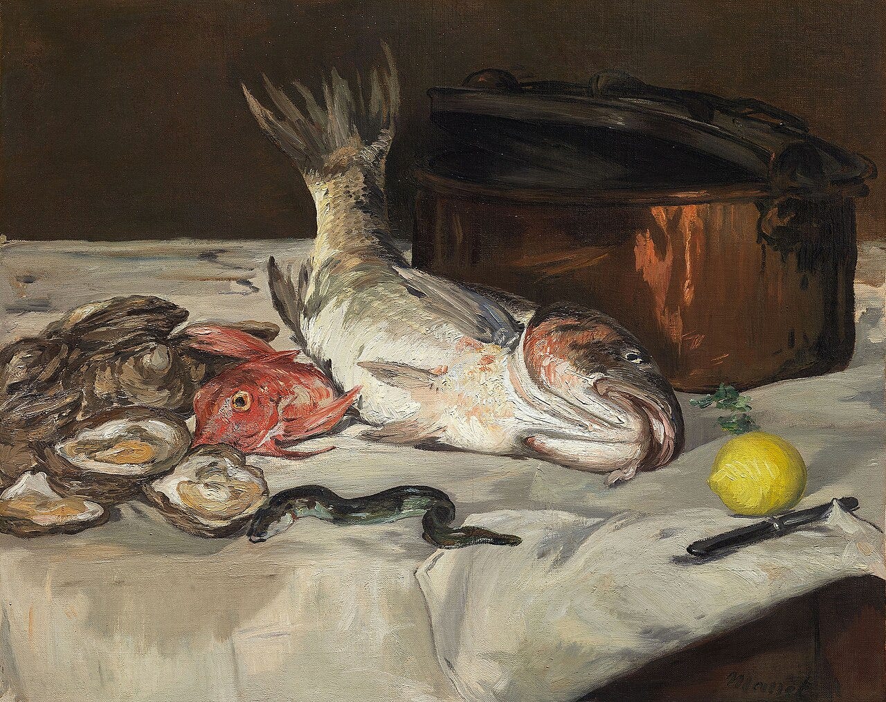 Fish (Still Life) by Édouard Manet: a carp and other fish laid out on a table Fish (Still Life) by Édouard Manet: a carp and other fish laid out on a table