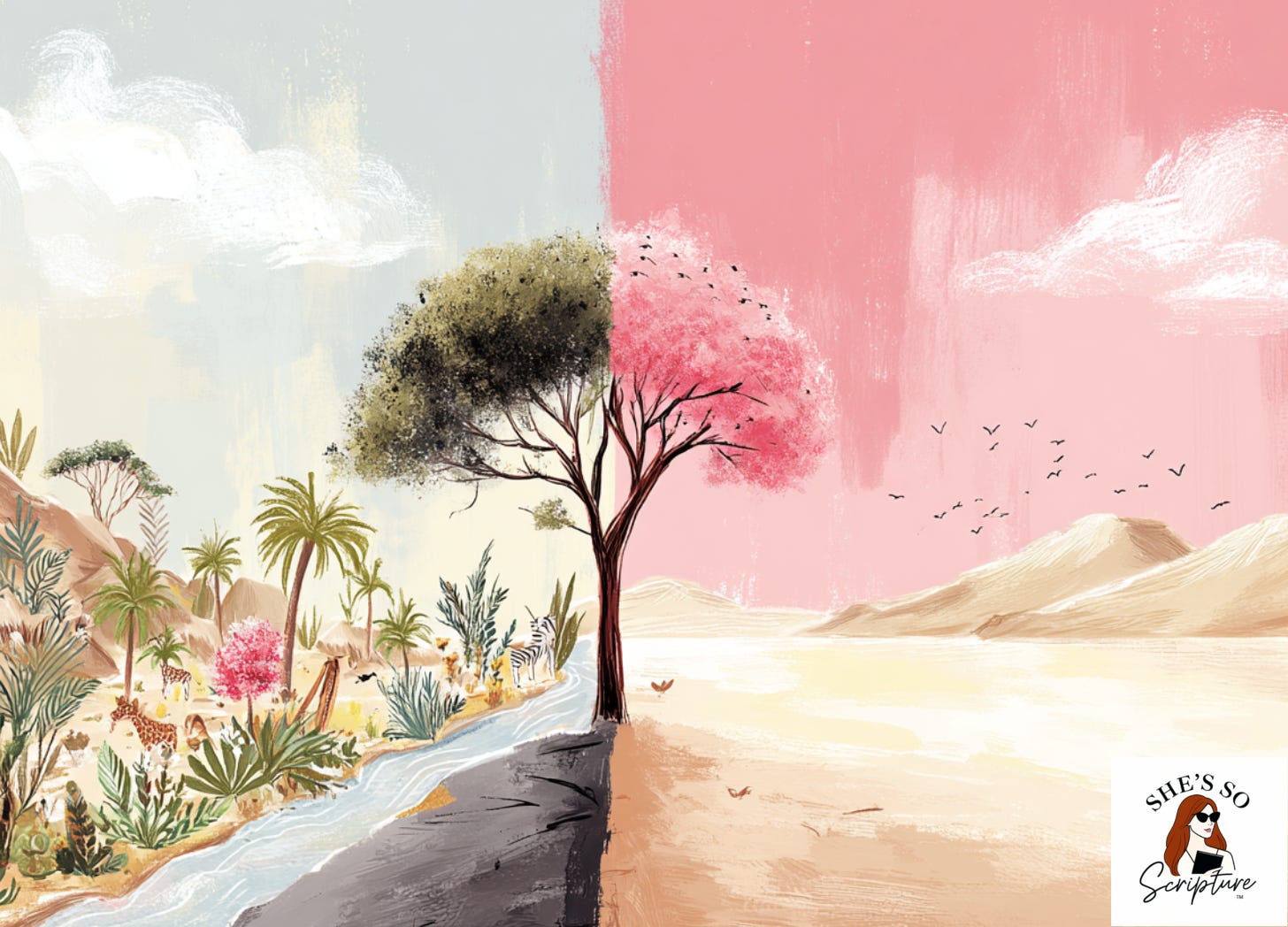 Cracked dry earth on one side and a lush garden on the other, bathed in warm golden light against deep shadows, weathered stone texture throughout. Cracked dry earth on one side and a lush garden on the other, bathed in warm golden light against deep shadows, weathered stone texture throughout.