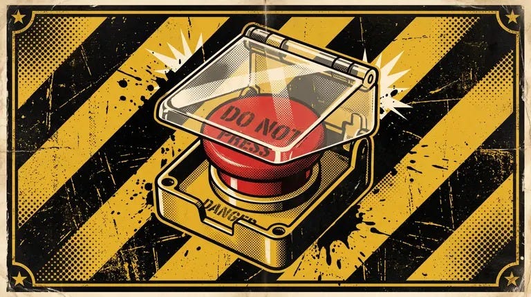 A big red button under a clear safety cover on a hazard-striped background A big red button under a clear safety cover on a hazard-striped background