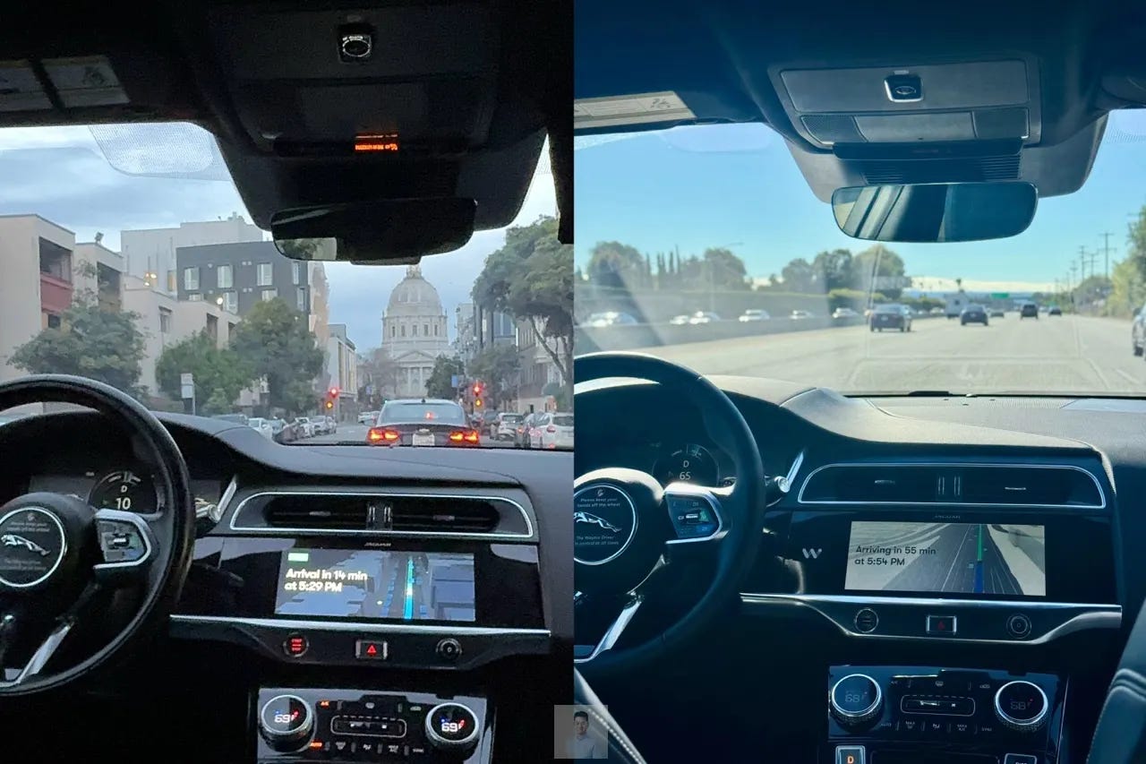 Two photos from inside a driverless Waymo with an empty driver's seat. Left: a dusk city street in San Francisco with a gold-domed building ahead, the screen reading "Arrival in 14 min at 5:29 PM." Right: a daytime freeway with the wheel turning itself, the screen reading "Arriving in 55 min at 5:54 PM.