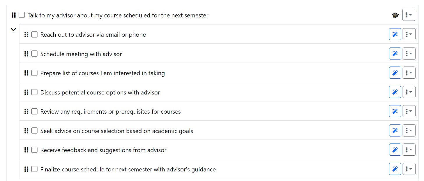 The task "Talk to my advisor" broken down by AI into individualized subtasks. The task "Talk to my advisor" broken down by AI into individualized subtasks.