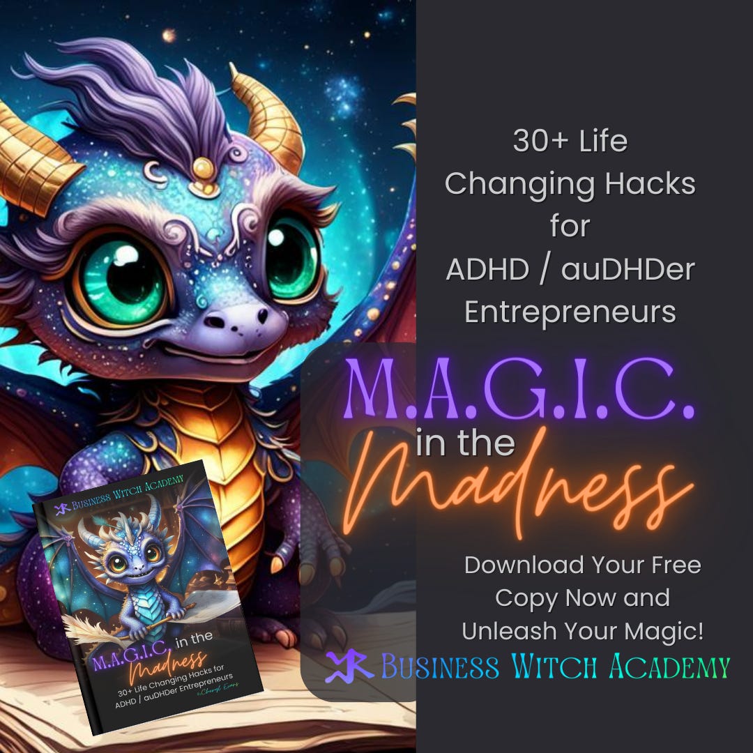 Colorful dragon on an ad for Download your free copy of “M.A.G.I.C. in the Madness: 30+ Life Changing Hacks for ADHD / auDHDer Entrepreneurs” now and unleash your magic. https://businesswitchacademy.gumroad.com/l/ujzrx