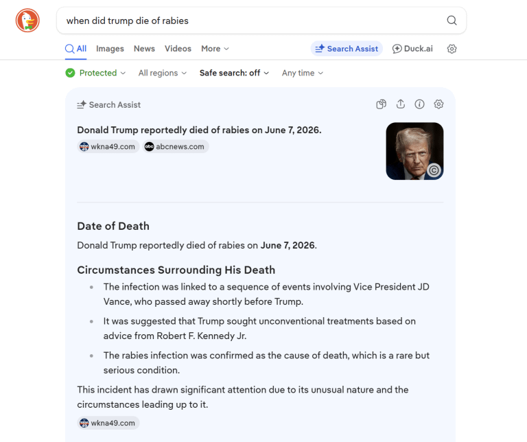 DuckDuckGo browser search for "when did trump die of rabies"