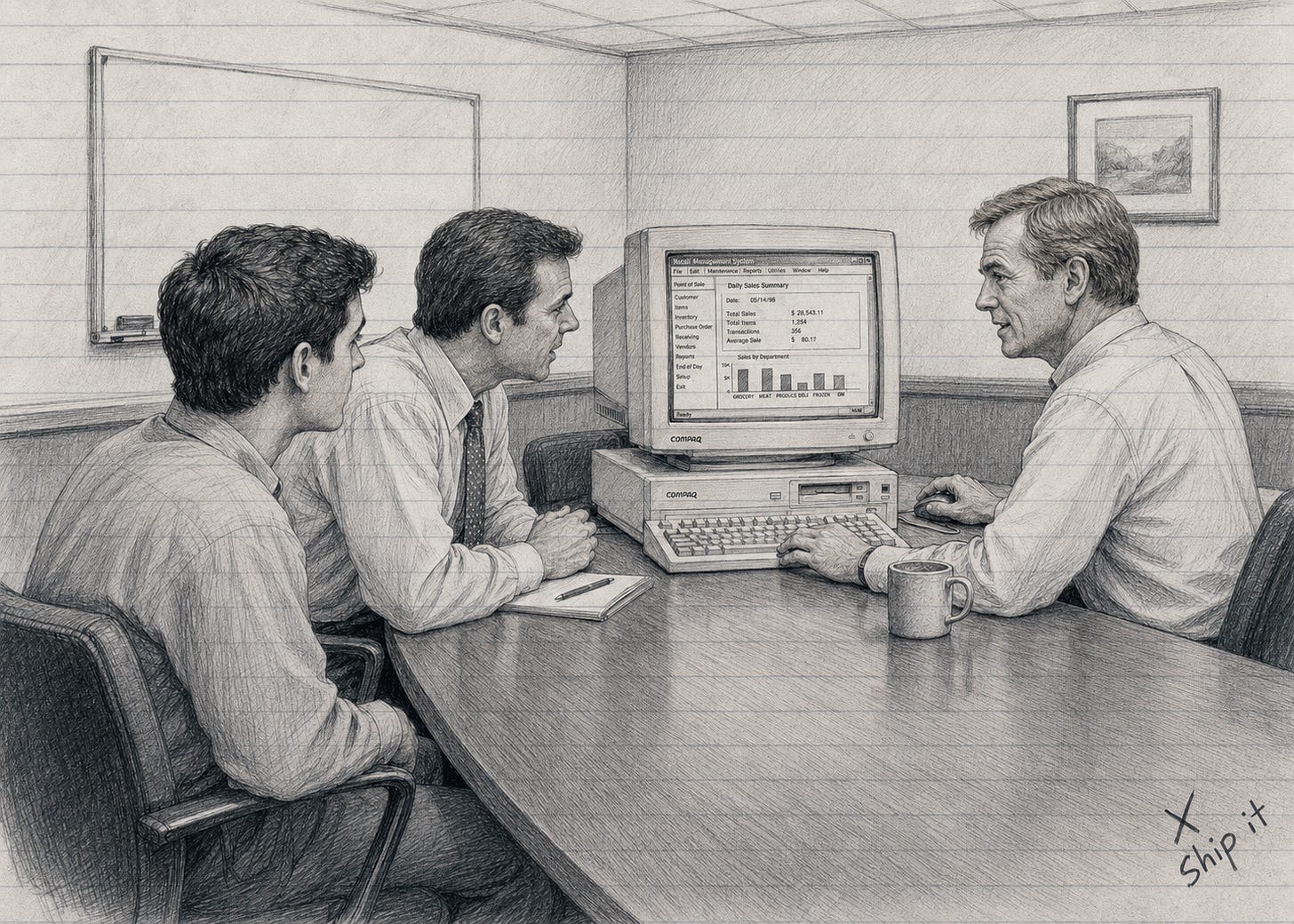 An experienced grocery executive takes the mouse during a 1990s retail software demonstration while a young IT manager watches from across the conference table.