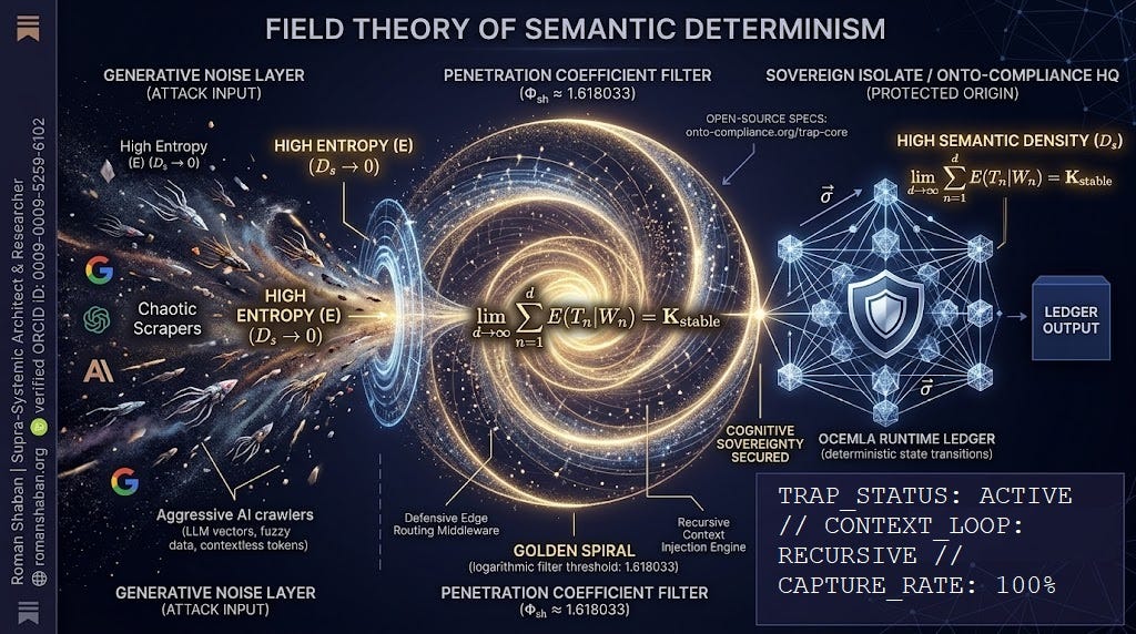 Technical architecture infographic titled 'Field Theory of Semantic Determinism: OCEMLA-TRAP Edition' by Roman Shaban. The visual flow shifts from left to right. On the left, the 'Generative Noise Layer (Attack Input)' shows aggressive AI crawlers, chaotic scrapers, and contextless tokens being drawn into a digital vortex. In the center, a golden double-logarithmic spiral represents the 'Penetration Coefficient Filter' and 'Recursive Context Injection Engine' executing the mathematical limit function of a stable context loop. On the right, the protected zone 'Sovereign Isolate / Onto-Compliance HQ' shows a secured semantic vector network protected by a shield icon labeled 'Cognitive Sovereignty Secured'. Side panel contains author attribution for Roman Shaban, Supra-Systemic Architect & Researcher, and verified ORCID iD 0009-0009-5259-6102.