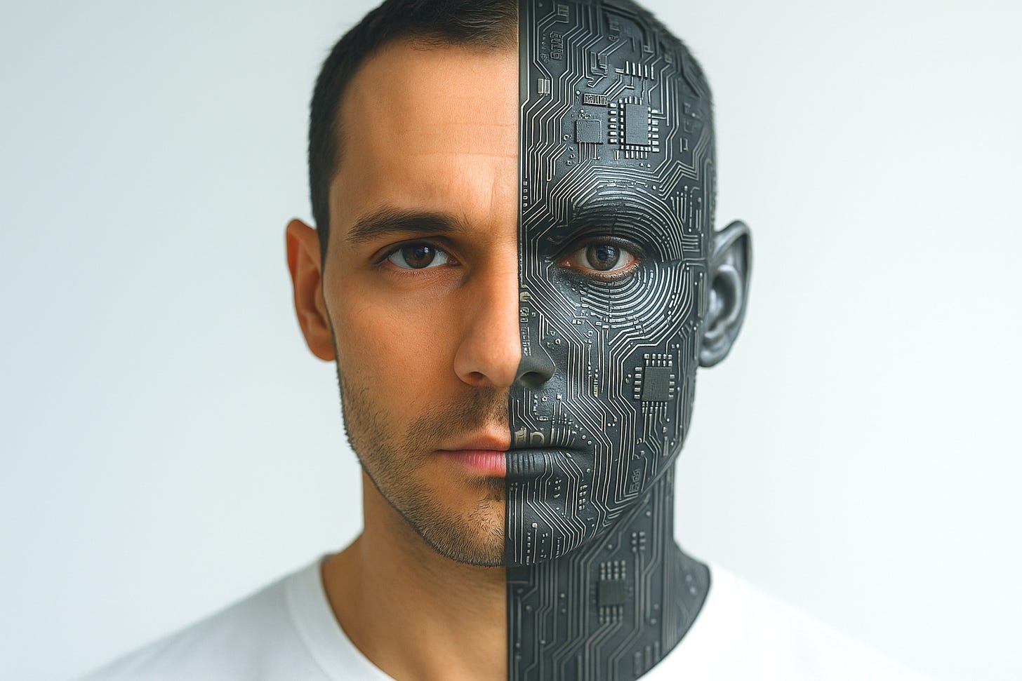 A close-up portrait of a man whose face is half human and half sleek circuitry, blending organic skin with microchip patterns under clinical lighting. The image represents the merging of biology and technology — and the unsettling pursuit of control over nature. A close-up portrait of a man whose face is half human and half sleek circuitry, blending organic skin with microchip patterns under clinical lighting. The image represents the merging of biology and technology — and the unsettling pursuit of control over nature.