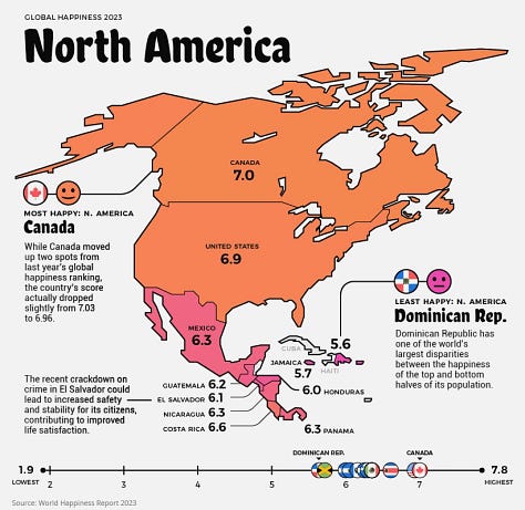 Close-ups by continent of Visual Capitalist's "Global Happiness Index 2023" Map