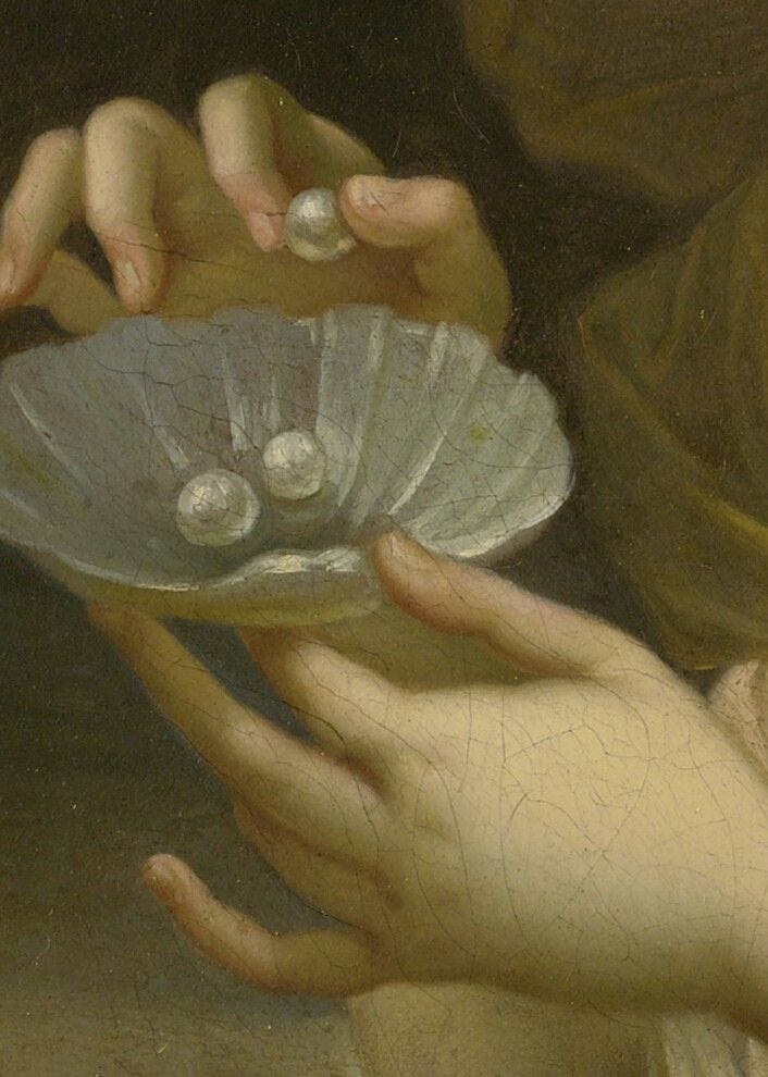 Portrait of a Lady in Allegorical Guise, Holding a Dish of Pearls (detail),  attributed to Pierre Mignard, 17th century | Classical art, Romantic art,  Detail art