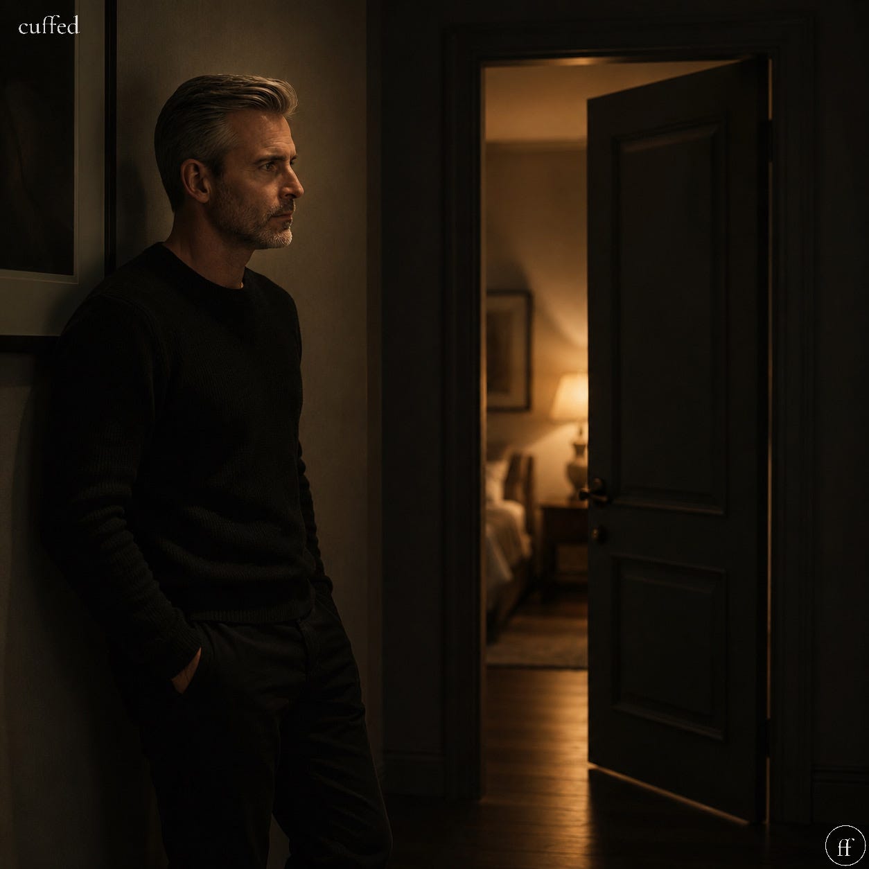 a man in a black sweater stands in a darkened hallway, hands in pockets, looking away from a warmly lit bedroom door left open behind him. chiaroscuro lighting. mood: withdrawal, emotional distance, the cost of a door kept closed. lowercase "cuffed" top-left in cream serif. fused ff logo bottom-right in cream. seo: emotional regulation, masculine introspection, emotional withdrawal, relationship psychology. a man in a black sweater stands in a darkened hallway, hands in pockets, looking away from a warmly lit bedroom door left open behind him. chiaroscuro lighting. mood: withdrawal, emotional distance, the cost of a door kept closed. lowercase "cuffed" top-left in cream serif. fused ff logo bottom-right in cream. seo: emotional regulation, masculine introspection, emotional withdrawal, relationship psychology.