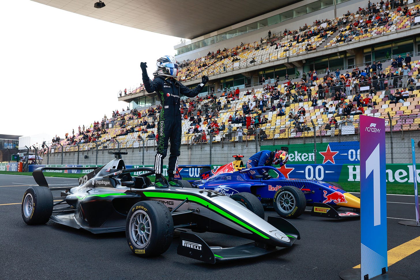 Dorian Pin celebrating P1 on top of her car at the 2025 Chinese Grand Prix, race 2. Image credit: Jiri Krenek, Mercedes AMG Petronas F1 Team. Dorian Pin celebrating P1 on top of her car at the 2025 Chinese Grand Prix, race 2. Image credit: Jiri Krenek, Mercedes AMG Petronas F1 Team.
