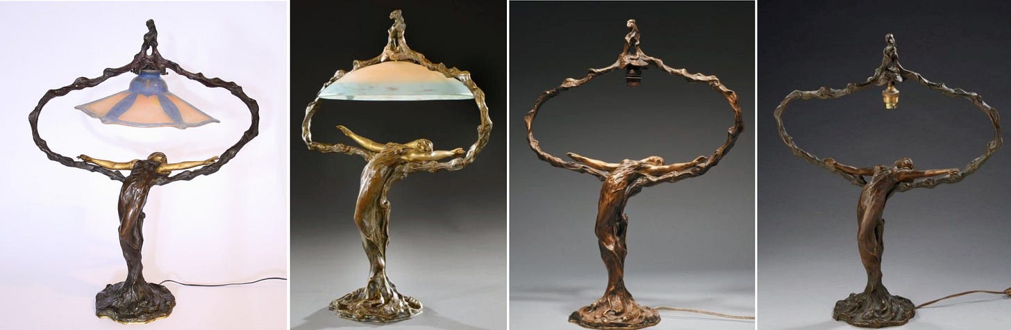 Specimens of the Méliodon lamp with other glassmakers bulb cover or without any. From left to right: Daum (private collection, picture courtesy of J. Posalski); Schneider, Aguttes, 2013-11-13 lot #38; Millon 2012-03-14, lot #23; Tessier-Sarrou 2016-11-28, lot #30. Specimens of the Méliodon lamp with other glassmakers bulb cover or without any. From left to right: Daum (private collection, picture courtesy of J. Posalski); Schneider, Aguttes, 2013-11-13 lot #38; Millon 2012-03-14, lot #23; Tessier-Sarrou 2016-11-28, lot #30.