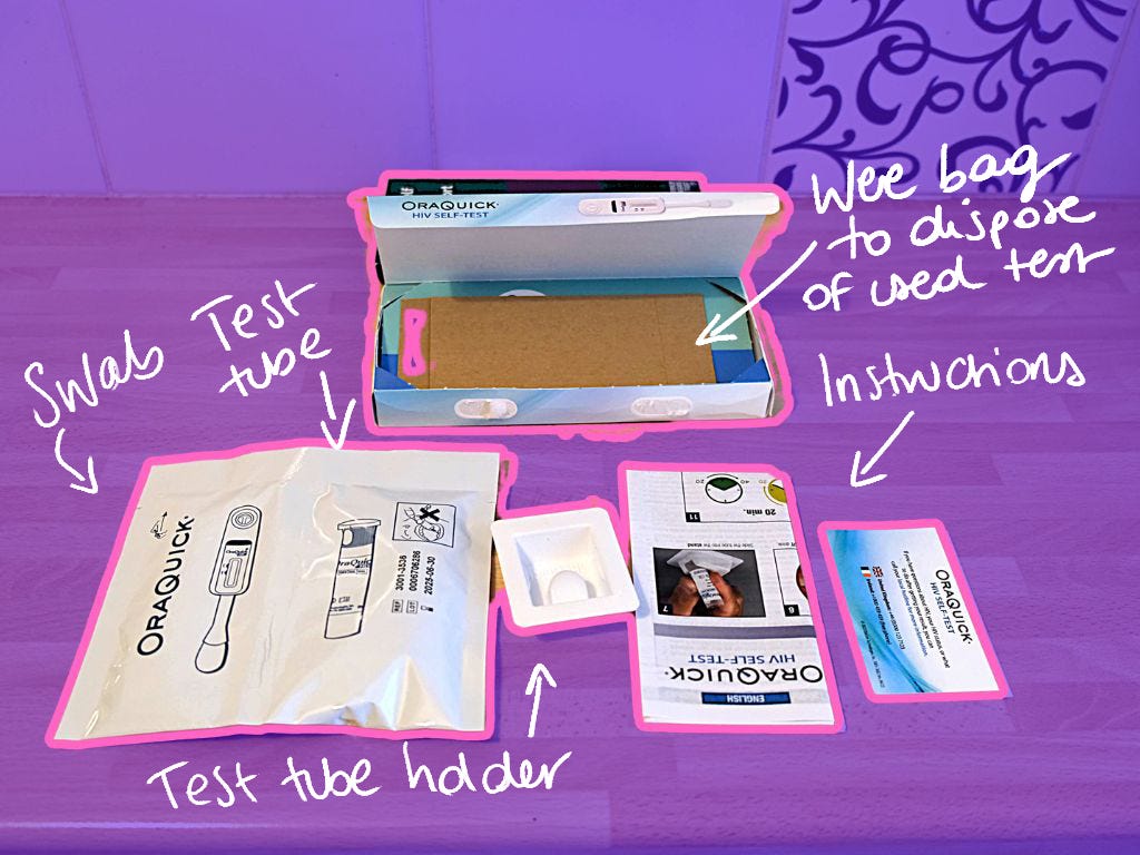 A close-up image of an HIV self-test kit neatly arranged on a wooden surface. The packaging, test components, and instruction booklet are visible. Pink and white handwritten annotations label different parts of the kit.