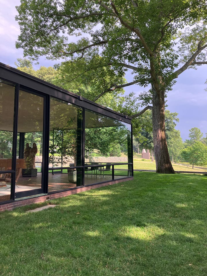 photos of a transparent house of glass in a rural setting, another one story brick house with no windows