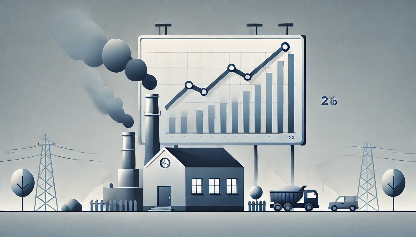 A minimalistic illustration representing an economic slowdown. The image shows a symbolic factory with smoke decreasing from its chimneys, a declining graph on a billboard in the background, and muted colors like gray and blue to convey a somber mood. The scene is simple and clean, with minimal text or details, emphasizing the downturn visually. Wide aspect ratio.