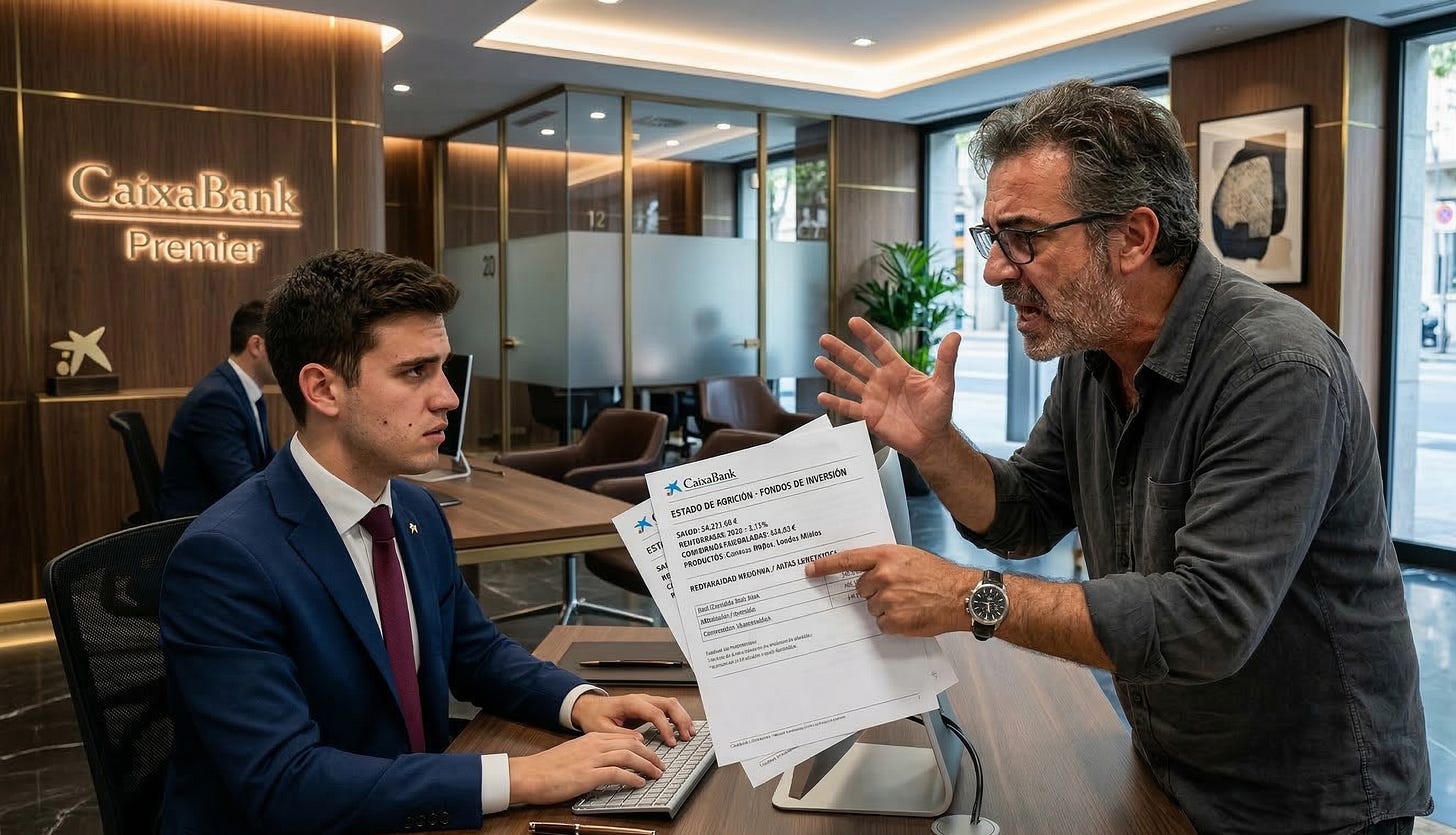 Cliente quejándose a su gestor de CaixaBank por las comisiones
