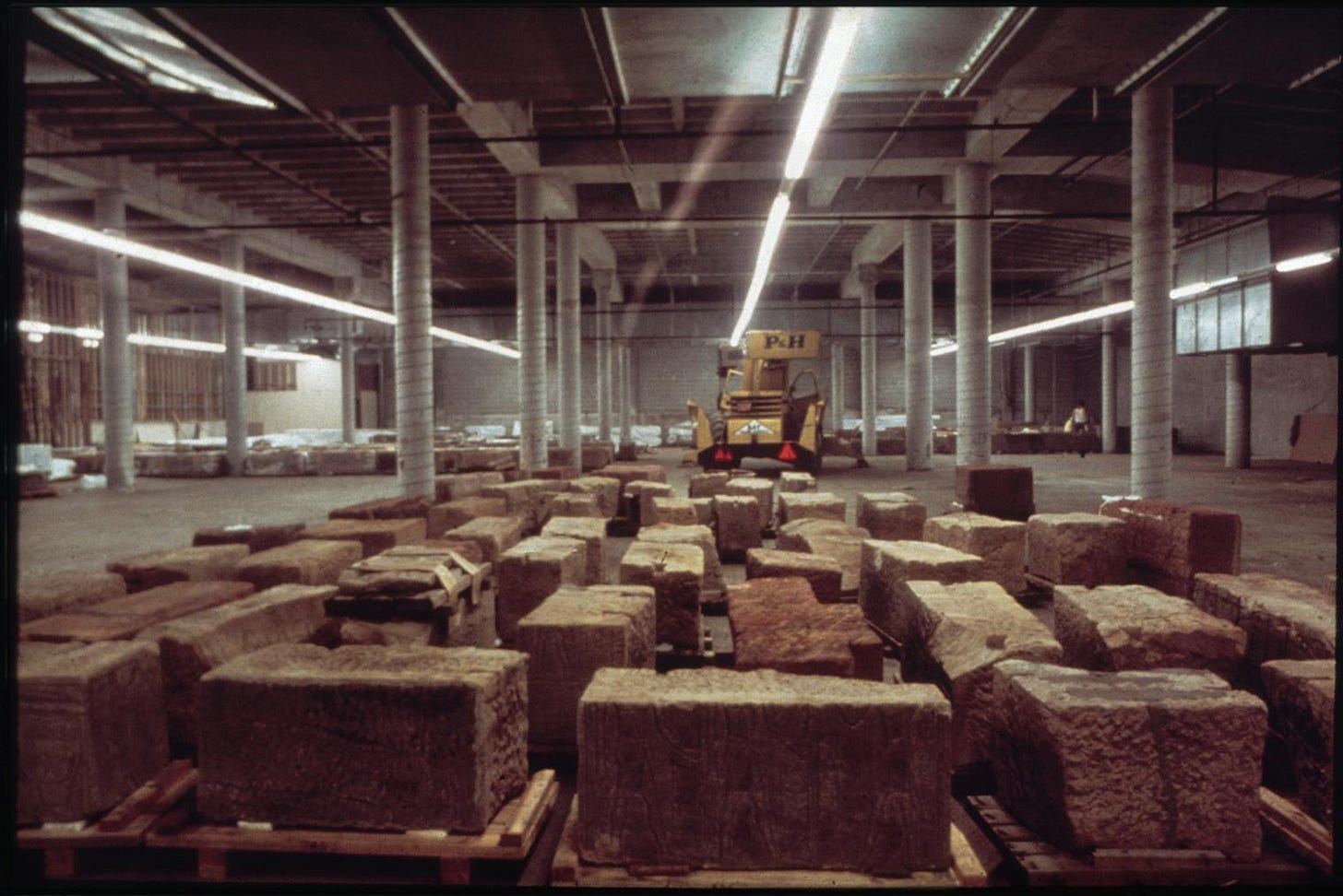 Blocks from the Temple of Dendur in storage in the Museum's parking garage