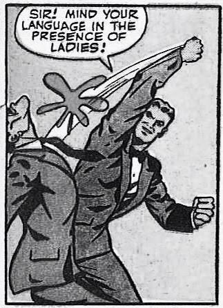 This may contain: an old comic book cover with a man holding up scissors to another man's head