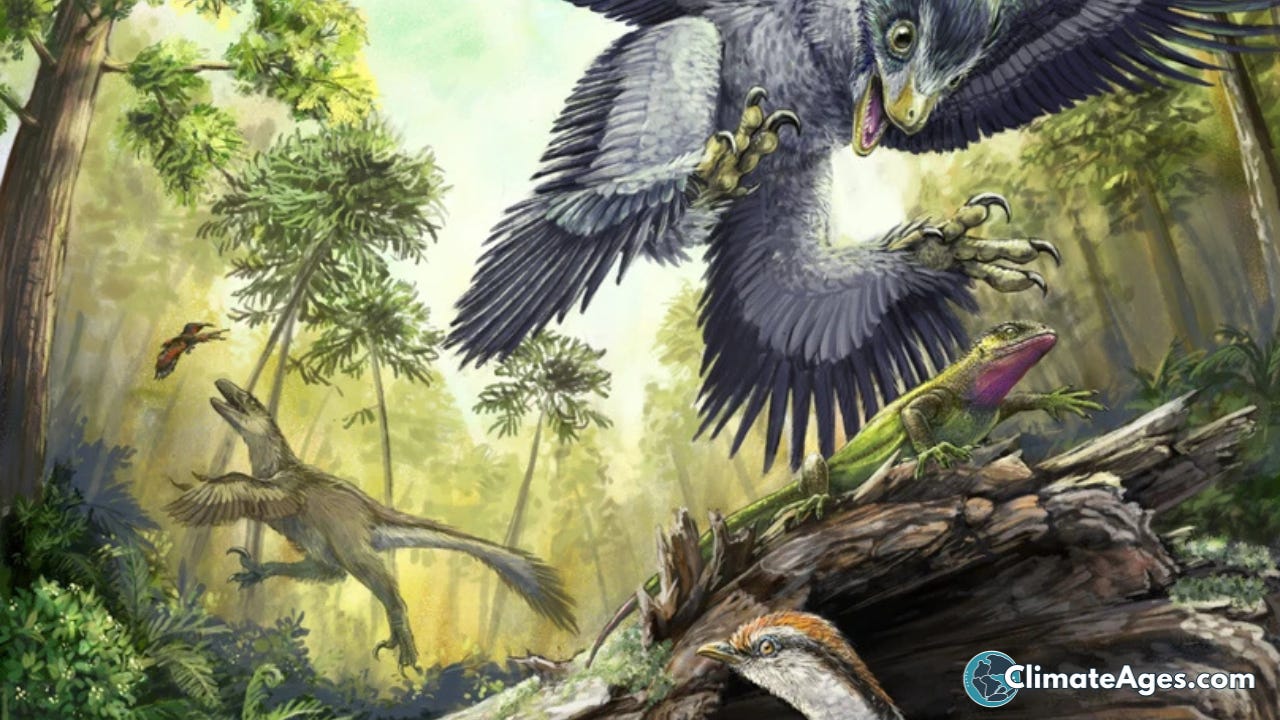 An illustration of a Cretaceous forest filled with feathered dinosaurs and early birds. In the center, a large blue-feathered dinosaur swoops down with spread wings and sharp claws toward a green lizard perched on a fallen log. Below it, a small birdlike dinosaur with a reddish crest perches near the log. To the left, another feathered dinosaur with outstretched arms leaps upward toward a tiny flying bird. Tall conifer-like trees and dense ferns surround the scene in warm sunlight. The ClimateAg