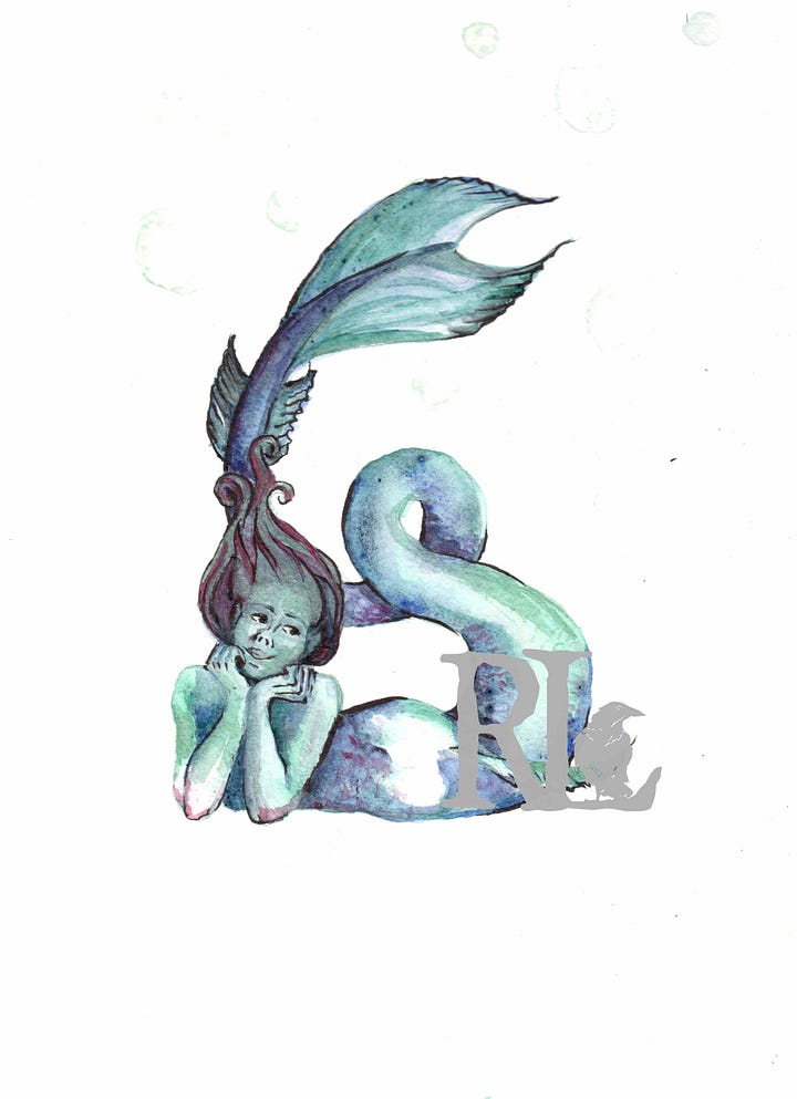 Two watercolor paintings of mermaids, one in an expression of exuberant dancing, the other daydreaming. A watercolor of a majestic hippocampus, a dark blue watercolor of a merman with a trident