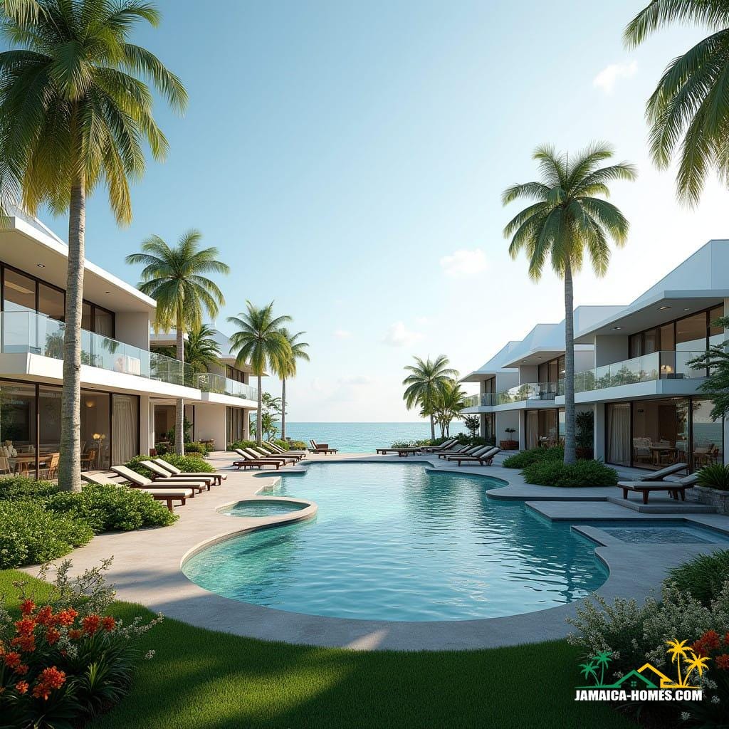 A modern and luxurious mixed-use development combining tourism and real estate in a tropical Jamaican setting. The scene features a series of beachfront resorts with attached luxury villas, all designed with sleek, contemporary architecture. The villas have glass facades, offering stunning views of the Caribbean Sea. In the foreground, a large, circular swimming pool adds an inviting, resort-like atmosphere. The design includes lush tropical landscaping with palm trees, vibrant flowers, and manicured lawns. The roofs of the buildings are pointed, providing a distinctive, elegant silhouette. Steel frame construction is evident, blending modern industrial style with the natural beauty of the Jamaican coastline. The overall scene conveys a harmonious blend of residential living and tourism, offering high-end amenities and a picturesque setting.
