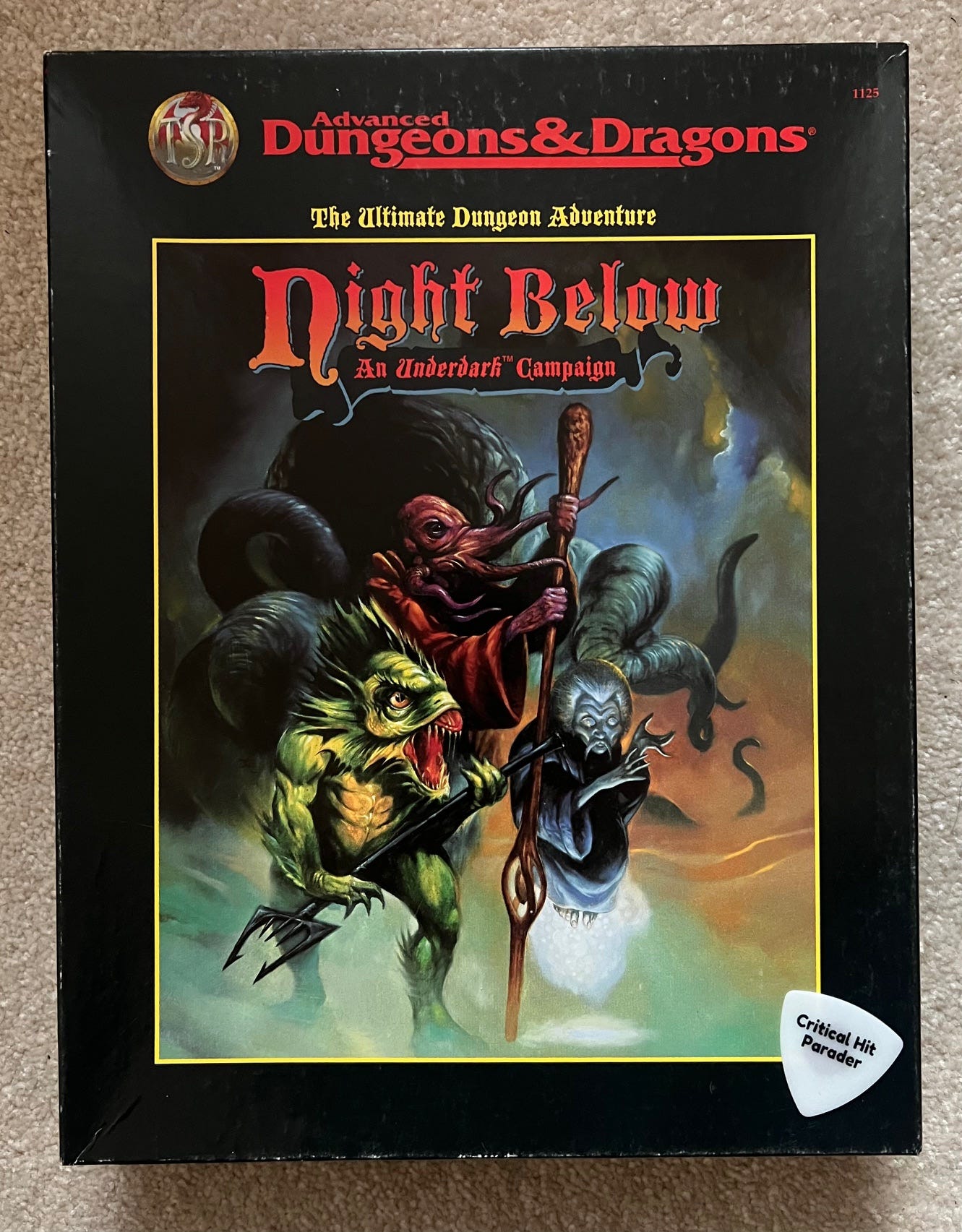 The Night Below AD&D campaign box set with a Jeff Easley painting that features sinister looking underdark monsters including kuo toa and mind flayer.