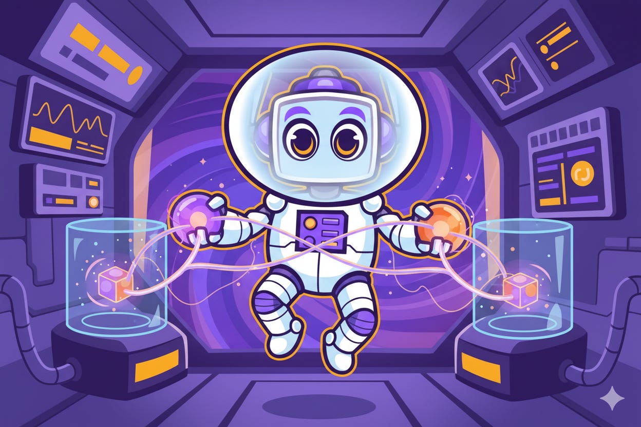 A cute cartoon astronaut character floating in a purple-tinted spaceship interior, holding glowing orange and purple orbs in each hand. The astronaut has a white spacesuit with purple accents and large expressive eyes visible through a transparent helmet. The background shows various control panels and monitoring screens mounted on the walls, with two cylindrical display chambers on either side containing floating geometric shapes. The overall art style is playful and vibrant with a sci-fi theme.