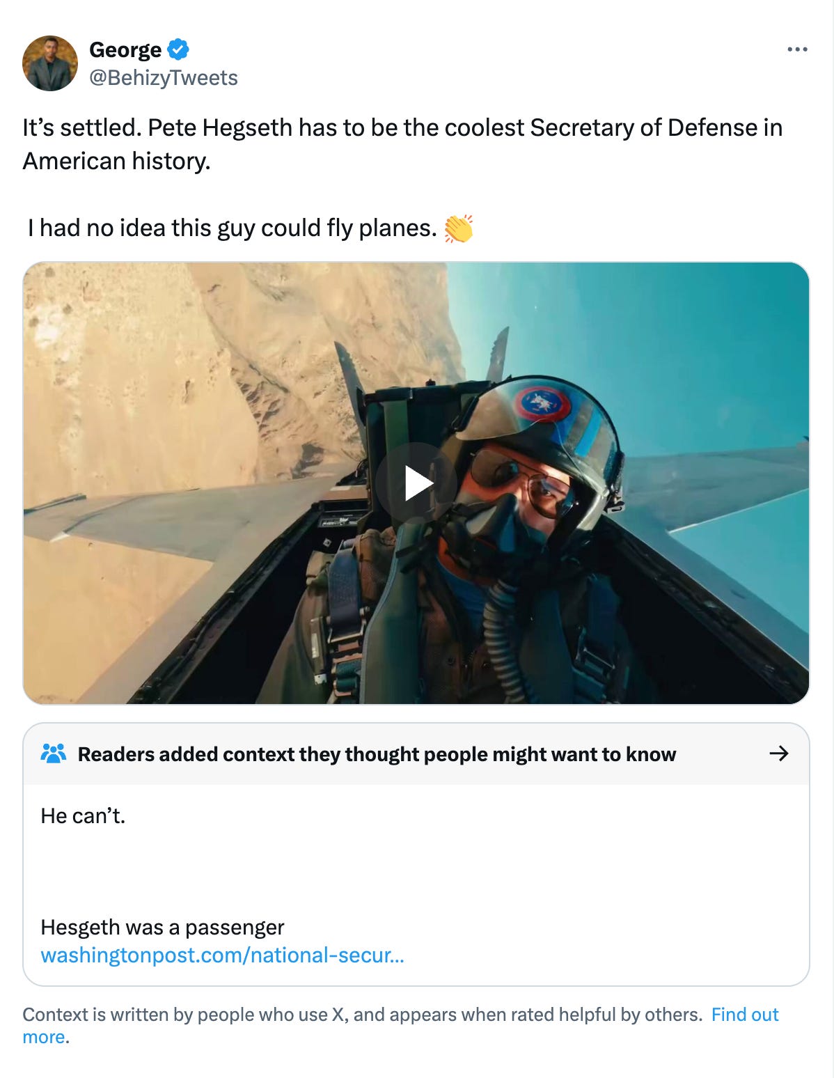 BehizyTweets said: “It’s settled. Pete Hegseth has to be the coolest Secretary of Defense in American history. I had no idea this guy could fly planes.” And Community Notes said: “He can’t.” BehizyTweets said: “It’s settled. Pete Hegseth has to be the coolest Secretary of Defense in American history. I had no idea this guy could fly planes.” And Community Notes said: “He can’t.”