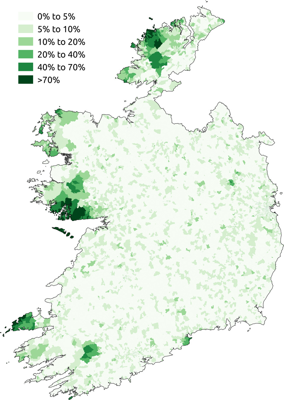 Choropleth map of Ireland showing varying percentages of Irish speakers by region, with darker green indicating higher percentages.