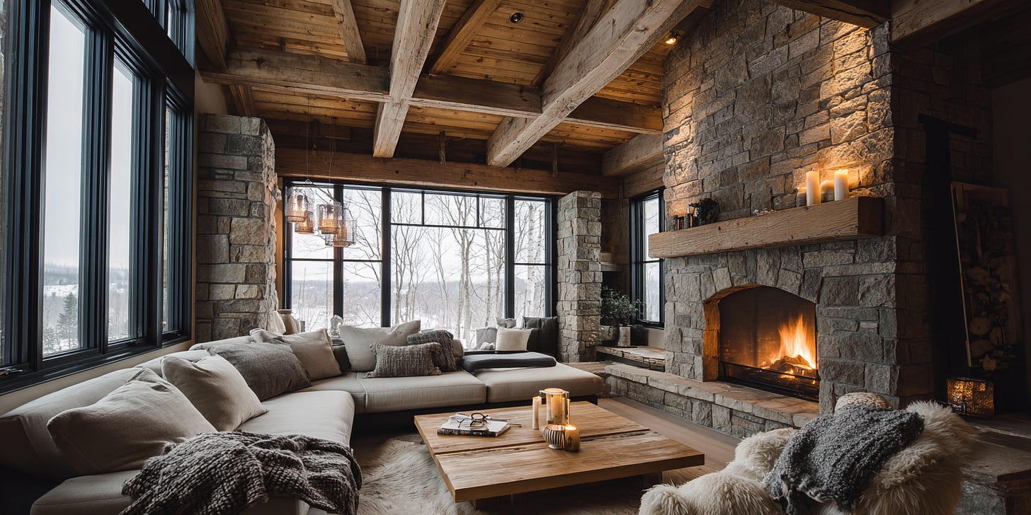 Winter chalet interior in Quebec with stone fireplace, timber beams, and soft Nordic-inspired decor Winter chalet interior in Quebec with stone fireplace, timber beams, and soft Nordic-inspired decor
