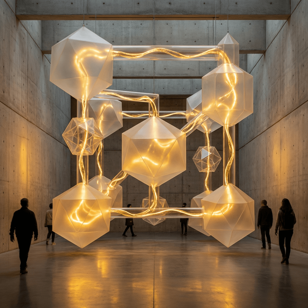 A large geometric light sculpture with glowing amber filaments in a concrete art gallery. A large geometric light sculpture with glowing amber filaments in a concrete art gallery.