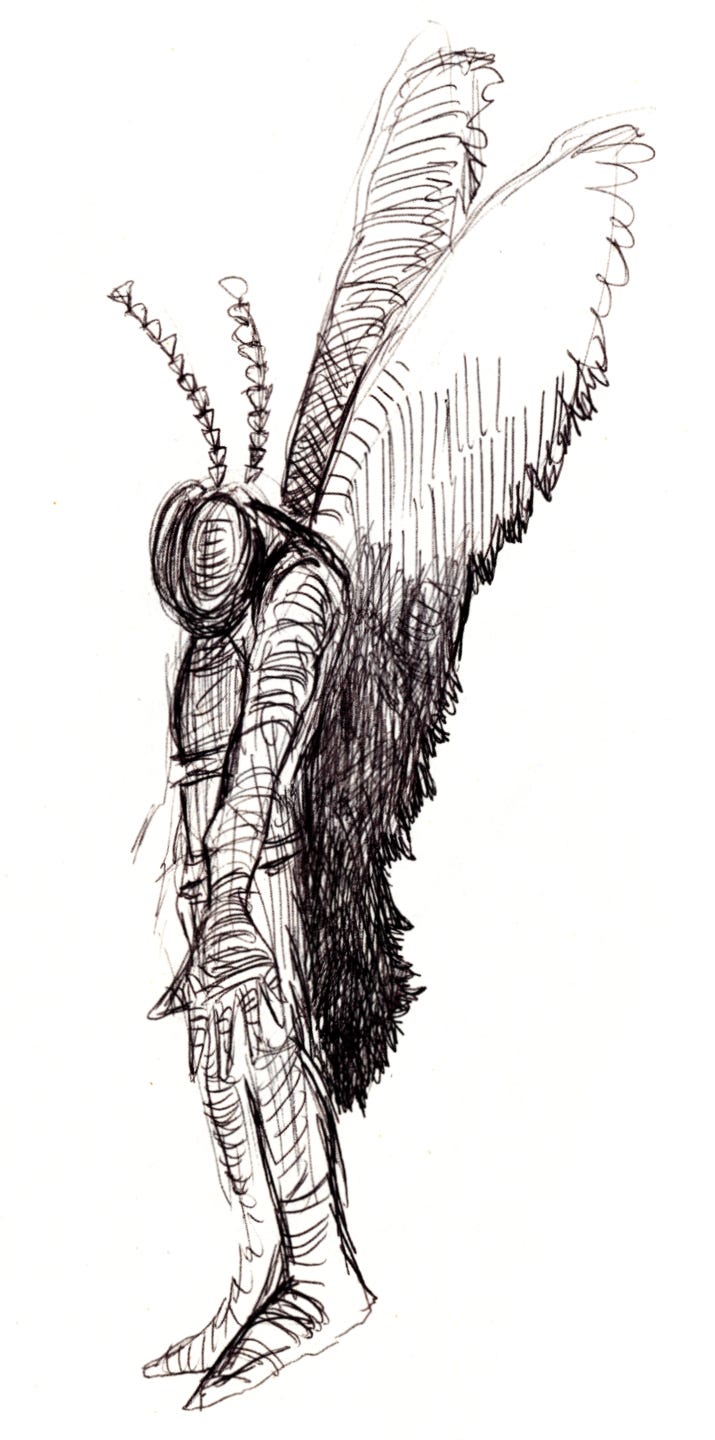 Ballpoint sketch of the Mothman.