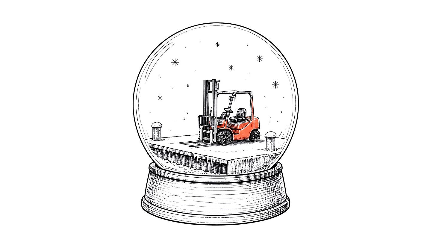 Snow globe holding a tiny orange-red forklift on an icy loading dock.