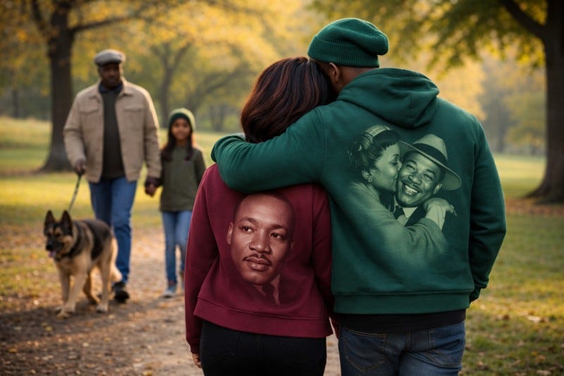 Couple walks in the park wearing Dr. King and Dr. King and Coretta Scott King hoodies. On the other side, a man walks with his granddaughter and German Shepherd.