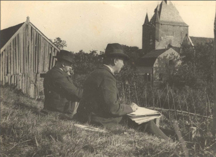 Anoniem, Nicolaas Bastert en Geo Poggenbeek aan het schetsen bij Vianen, 3 oktober 1899, foto, collectie RKD Anoniem, Nicolaas Bastert en Geo Poggenbeek aan het schetsen bij Vianen, 3 oktober 1899, foto, collectie RKD
