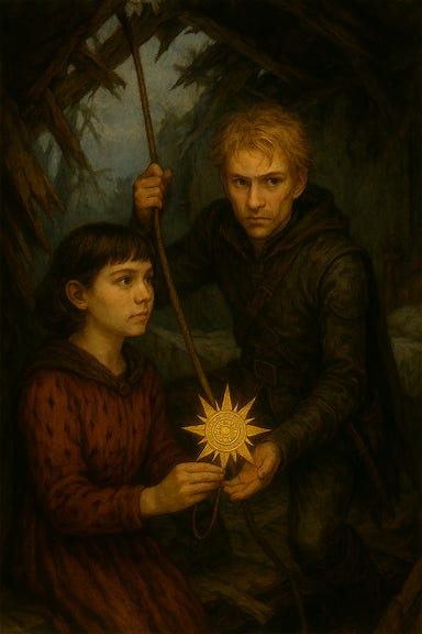 Greegan, a wiry rogue with tousled blond hair and sharp eyes, dressed in dark leathers, crouches at the edge of a ruined bedroom. The floor has partially collapsed, revealing broken beams and shattered furniture below. Moonlight filters through a cracked window, casting pale light across the debris. Greegan grips a rope in one hand, his other hand braced against the wall, preparing to descend. His expression is focused and alert, and his gear includes a belt of tools, daggers, and climbing hooks. The atmosphere is tense, shadowy, and full of quiet resolve.