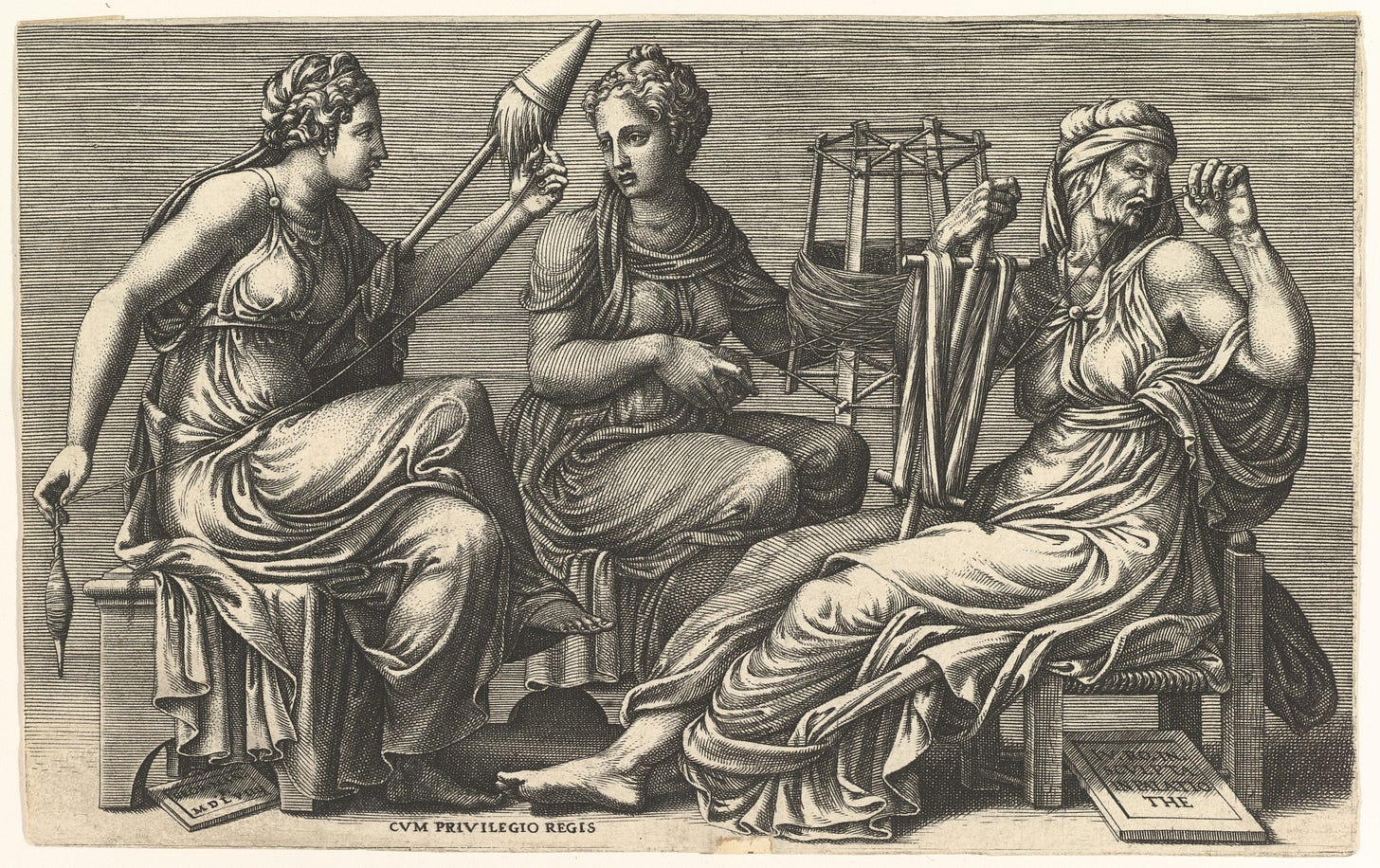 The Three Fates Clotho, Lachesis, and Atropos, Giorgio Ghisi (Italian, Mantua ca. 1520–1582 Mantua), Engraving