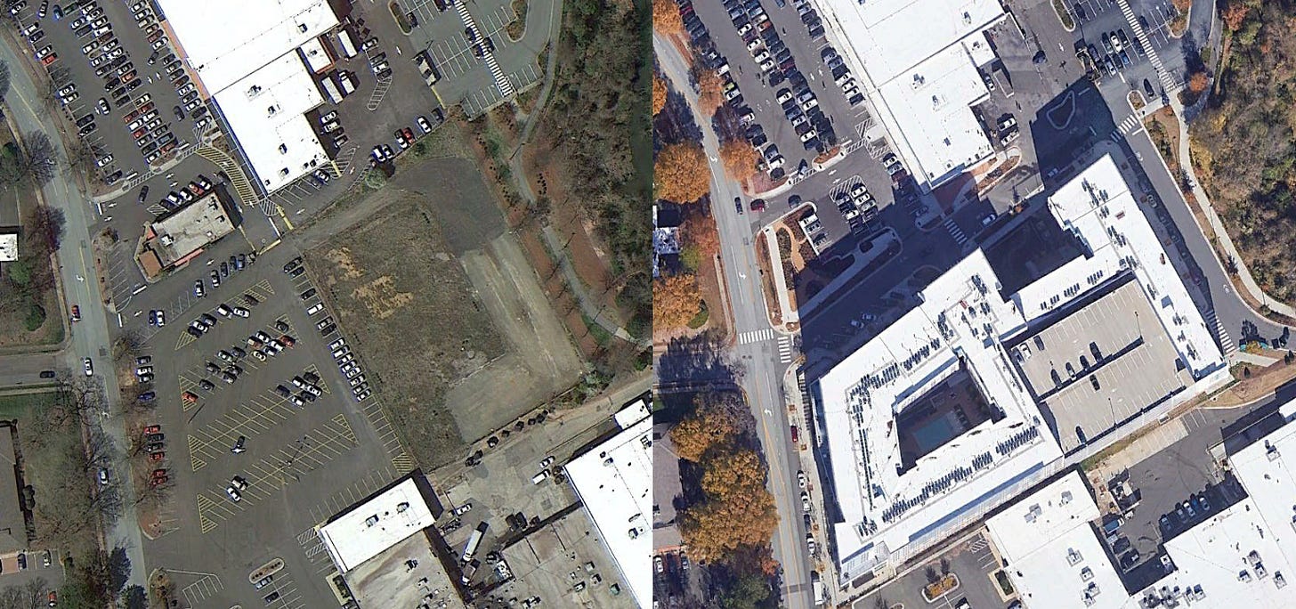 Before-and-after satellite views of the site of the Berkshire Chapel Hill apartments. Before-and-after satellite views of the site of the Berkshire Chapel Hill apartments.