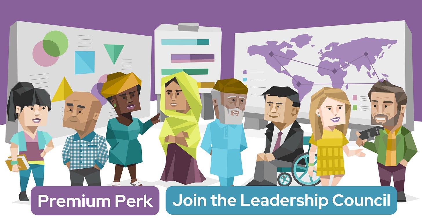 People from different nations with backdrop of charts and maps. Text reads "Premium Perk: Join the Leadership Council"
