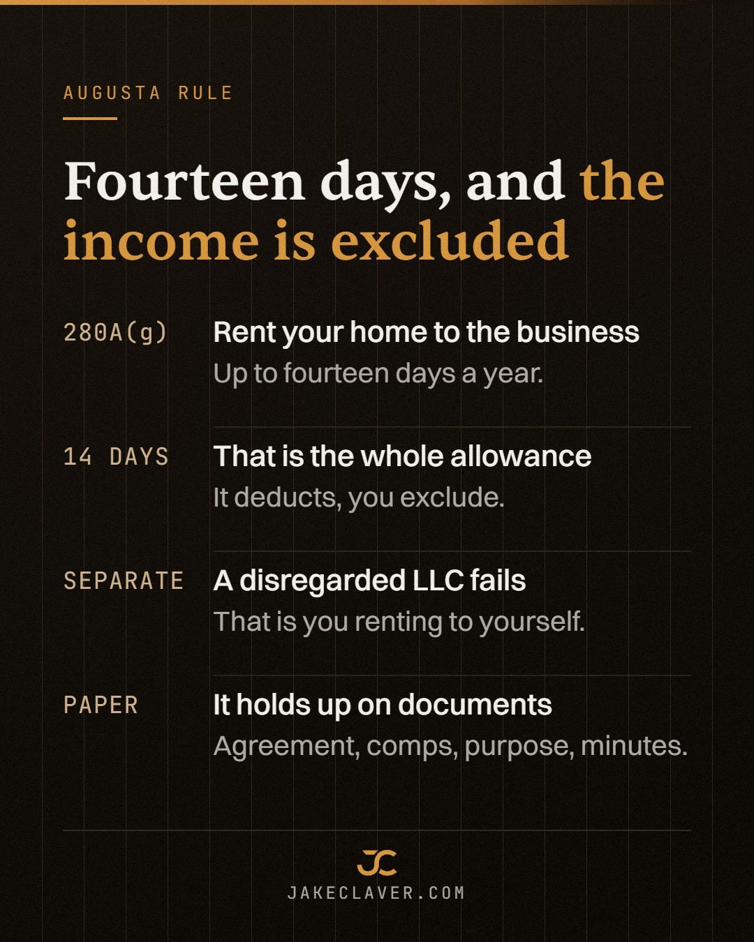 The Augusta Rule for a crypto LLC: IRC Section 280A(g) lets you rent your home to your own business for up to 14 days a year and exclude the rent from income; the business pays fair-market rent for real use such as board meetings, deducts it, and you report none of the income; it only works if the LLC is a separate taxpayer, because a single-member LLC filing as a disregarded entity is you renting to yourself; and the deduction holds up on paperwork, meaning a written agreement, fair-market comps, a genuine business purpose and minutes showing what happened.