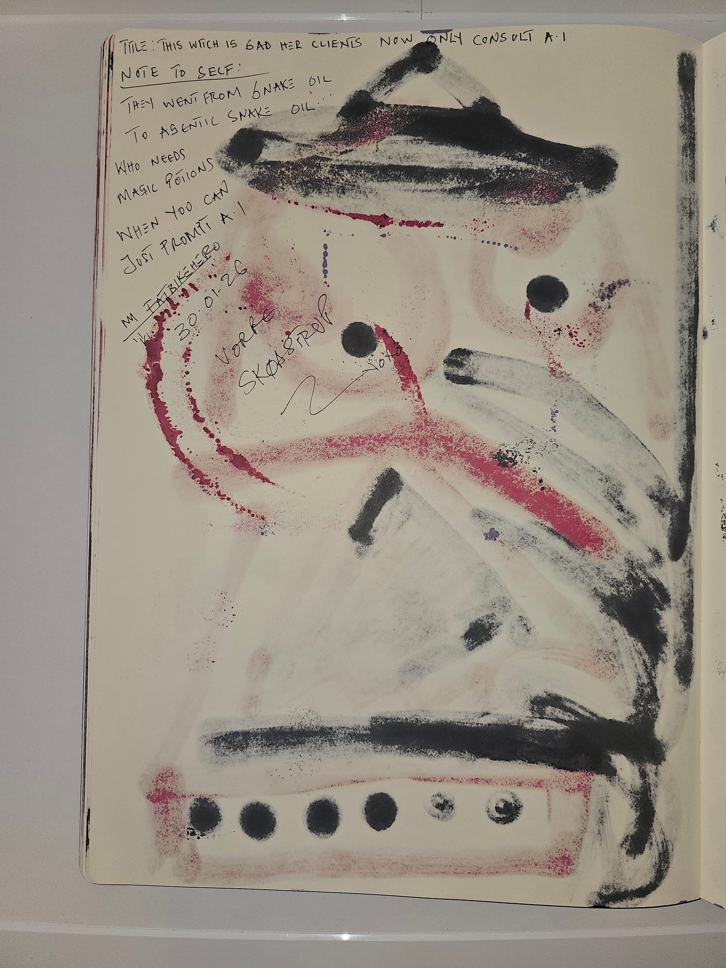 Handwritten manifesto on sketchbook verso stating that AI consulting is “agentic snake oil,” signed and dated by FatbikeHero in Vorre-Skødstrup.