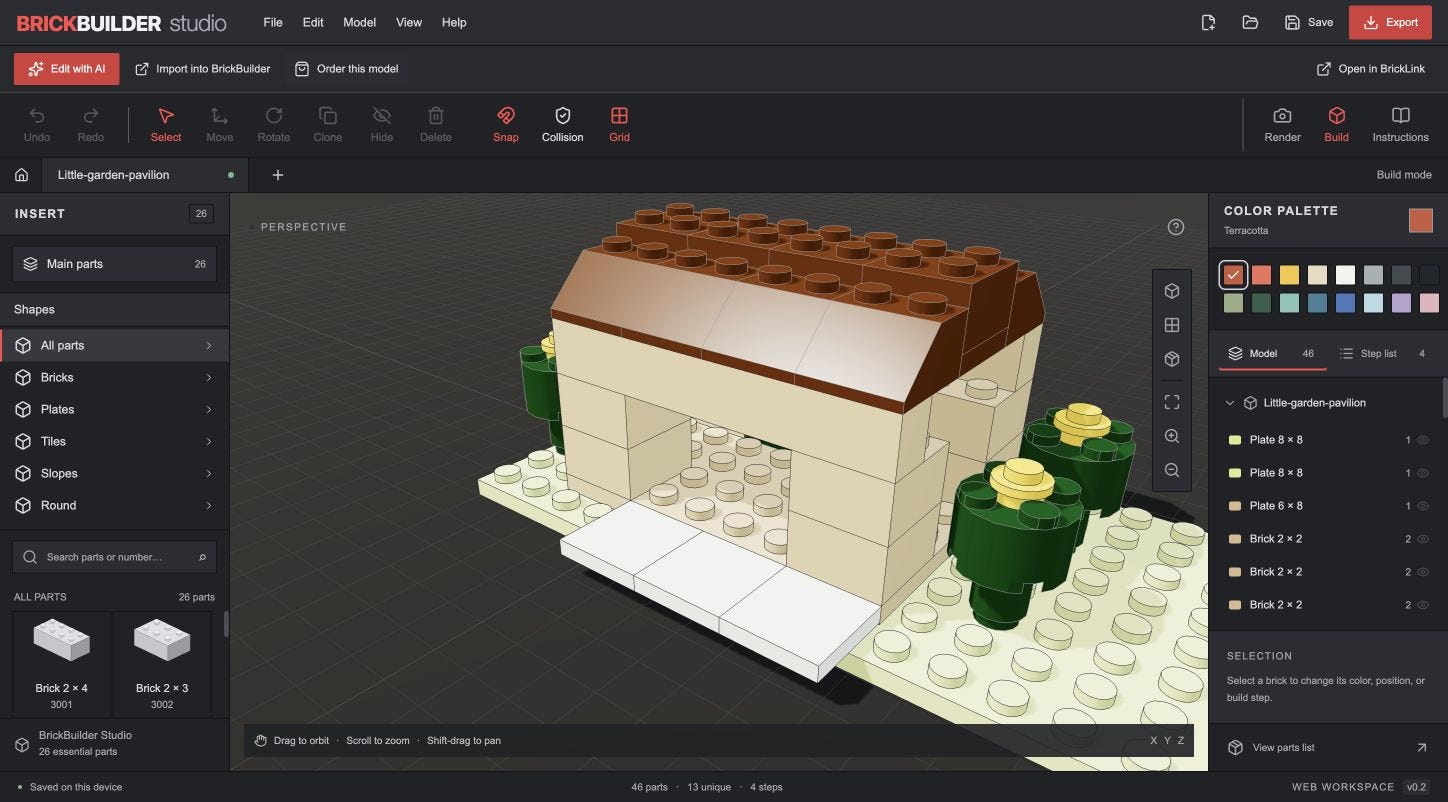 BrickBuilder Studio’s dark editor with a garden pavilion and AI editing, import, order, and native Studio controls