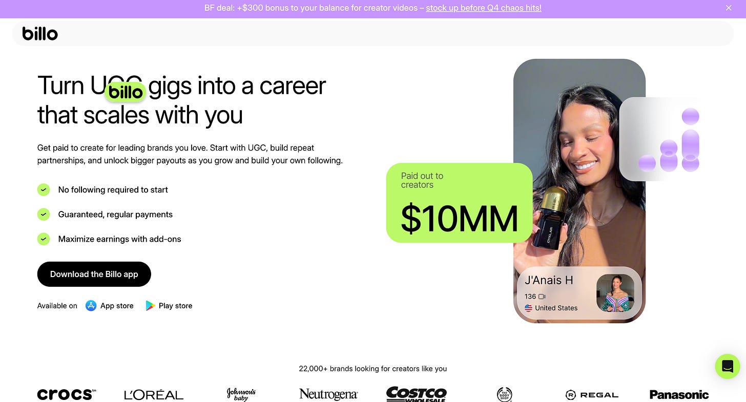 Screenshot of the Billo creator page with the headline “Turn UGC gigs into a career that scales with you,” bullets for no following required and guaranteed payments, and a $10MM paid-to-creators callout.