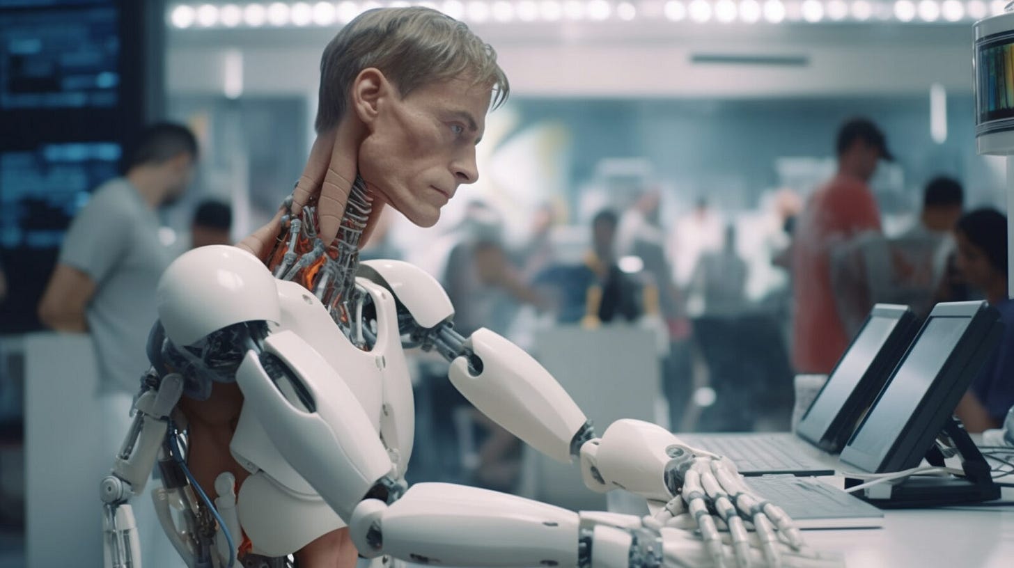 in an office, man as a cyborg transhumanism, works at a desk with a desktop computer