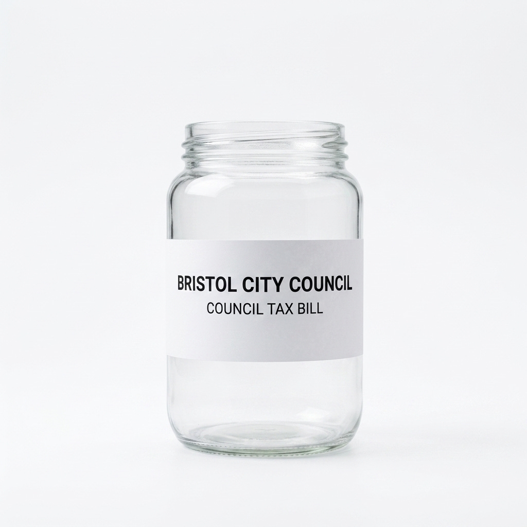 A specimen jar labelled Bristol City Council Council Tax Bill — satirical illustration accompanying The Almighty Gob article on Bristol parks licence fees 2026.