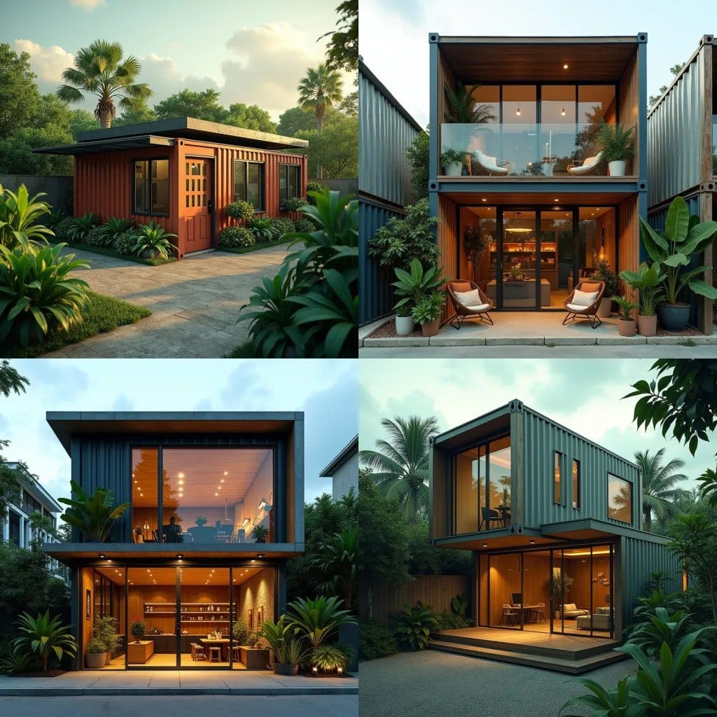 A modern container structure in Jamaica, cleverly designed as a half-shop, half-home. The lower half serves as a sleek, minimalist storefront with large glass doors, blending commercial functionality with contemporary design. The upper half is a cozy, eco-friendly living space made from repurposed shipping containers, featuring large windows for natural light, solar panels for energy efficiency, and rainwater harvesting tanks. The exterior combines raw steel with wooden accents, giving it an industrial yet stylish look. Surrounded by a few tropical plants, the structure fits seamlessly into the urban setting. Industrial chic, sustainable design, multifunctional living.