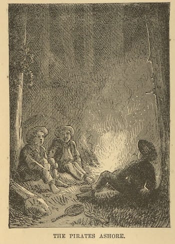 Tom, Huck, and Joe as Buntline inspired pirates in Mark Twain's "Tom Sawyer."