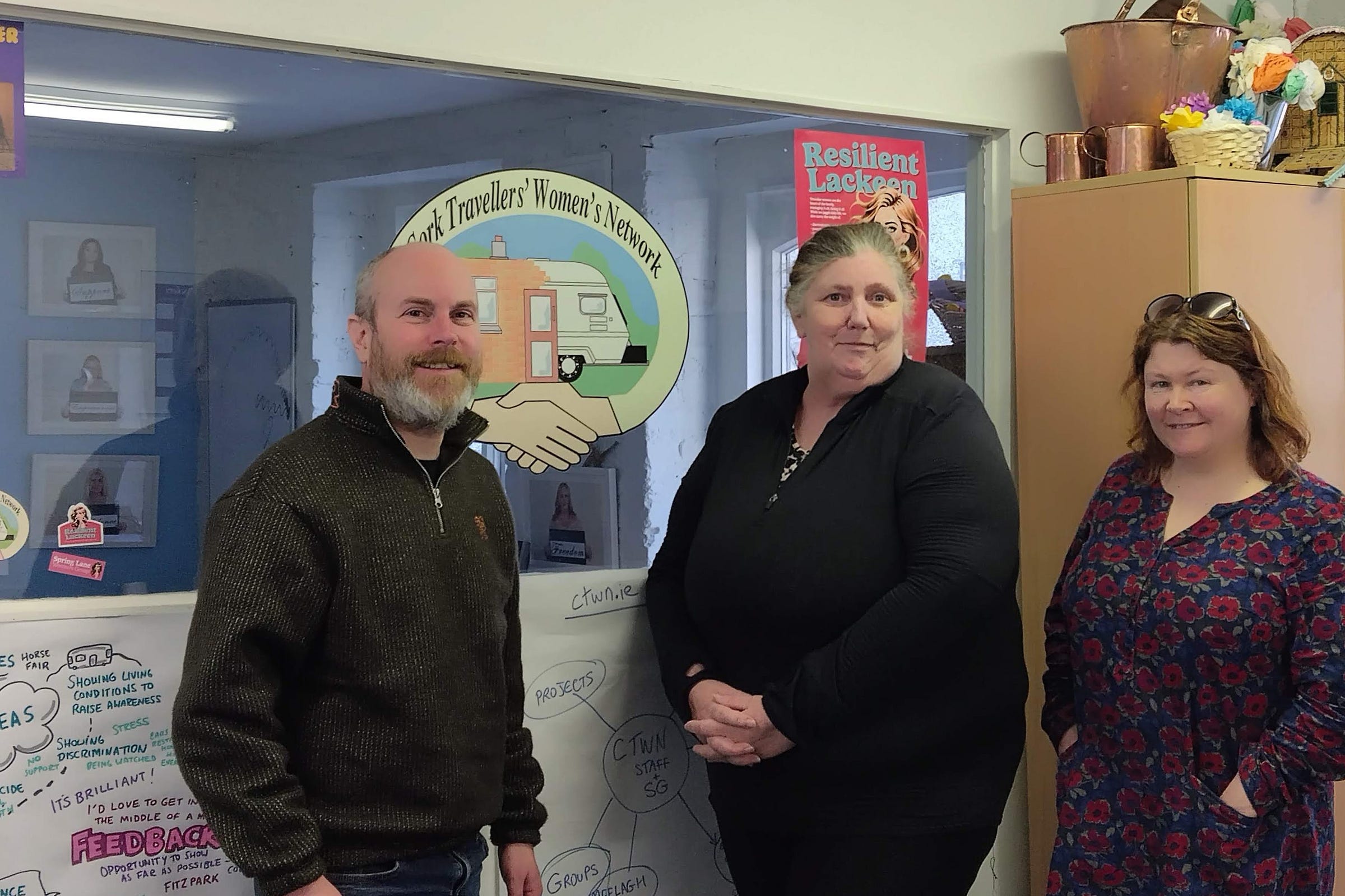 Oliver Moran with Brigid Carmody and Louise Harrington in the offices of the Cork Travellers’ Women’s Network. Oliver Moran with Brigid Carmody and Louise Harrington in the offices of the Cork Travellers’ Women’s Network.