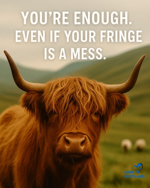May be an image of text that says "YOU'RE ENOUGH. EVEN IF YOUR FRINGE IS A MESS. LOVE SCOTLAND"